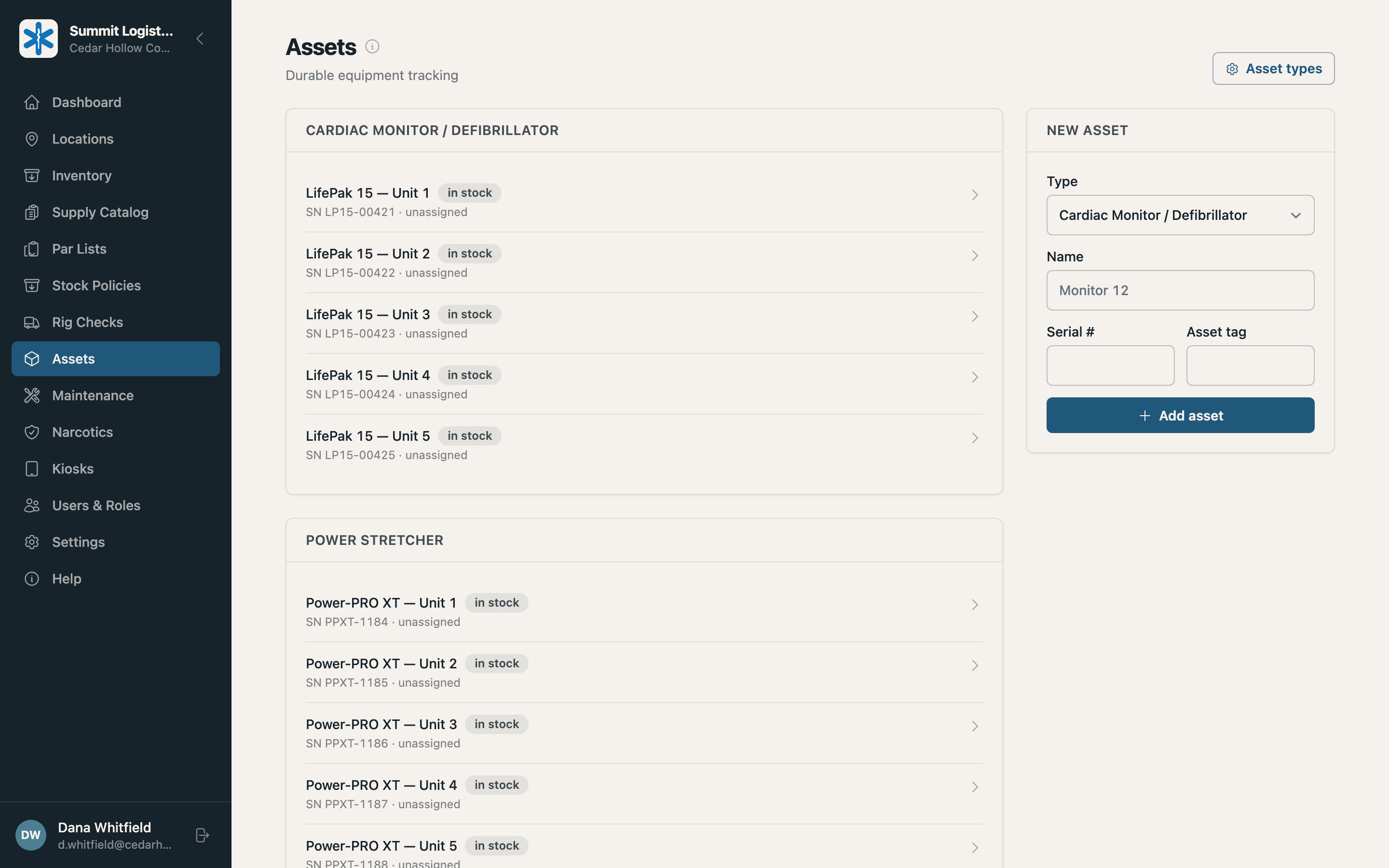 The Summit assets page listing durable equipment with type and location.