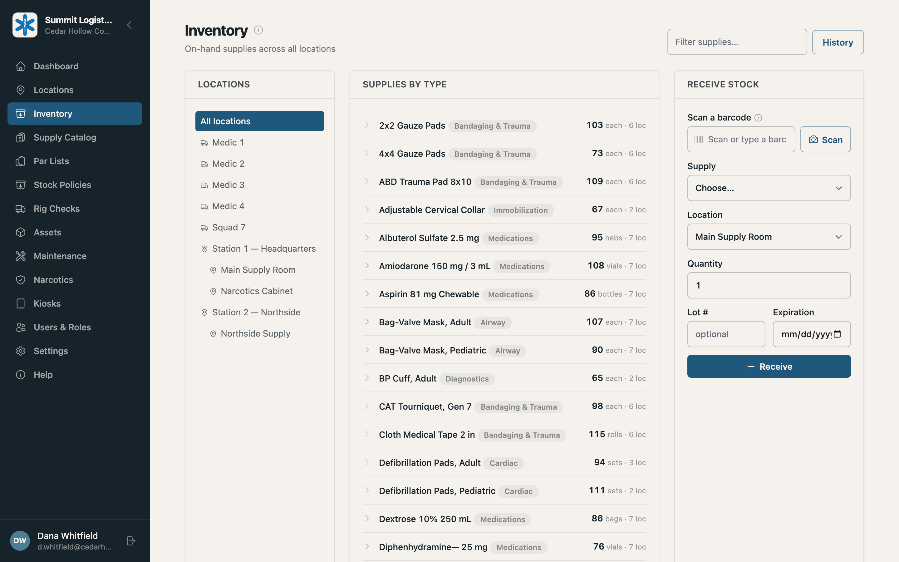 The Summit inventory browser: a location tree, supplies grouped by type with on-hand totals, and a receive-stock panel.