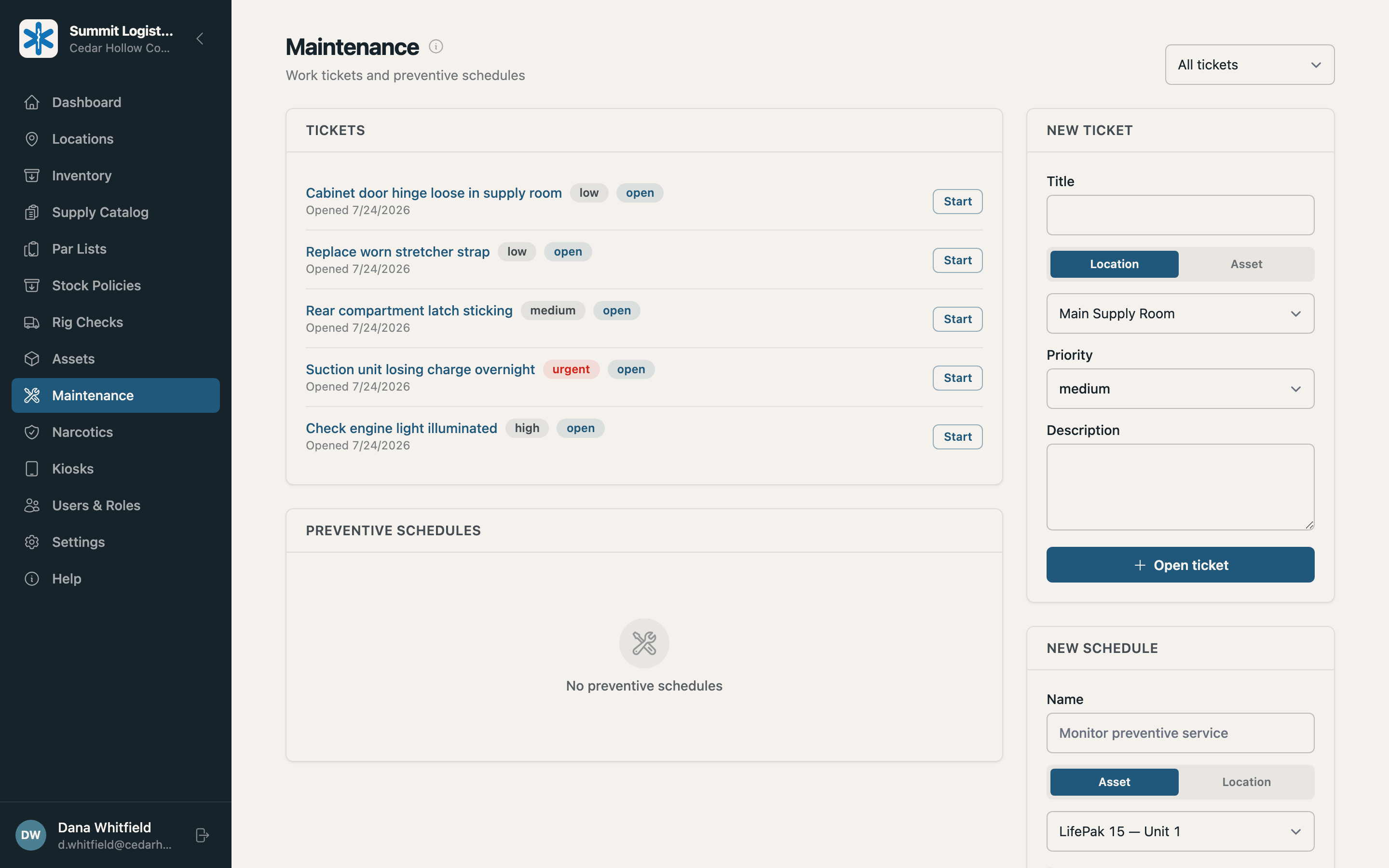 The Summit maintenance page listing work tickets with priority and status.