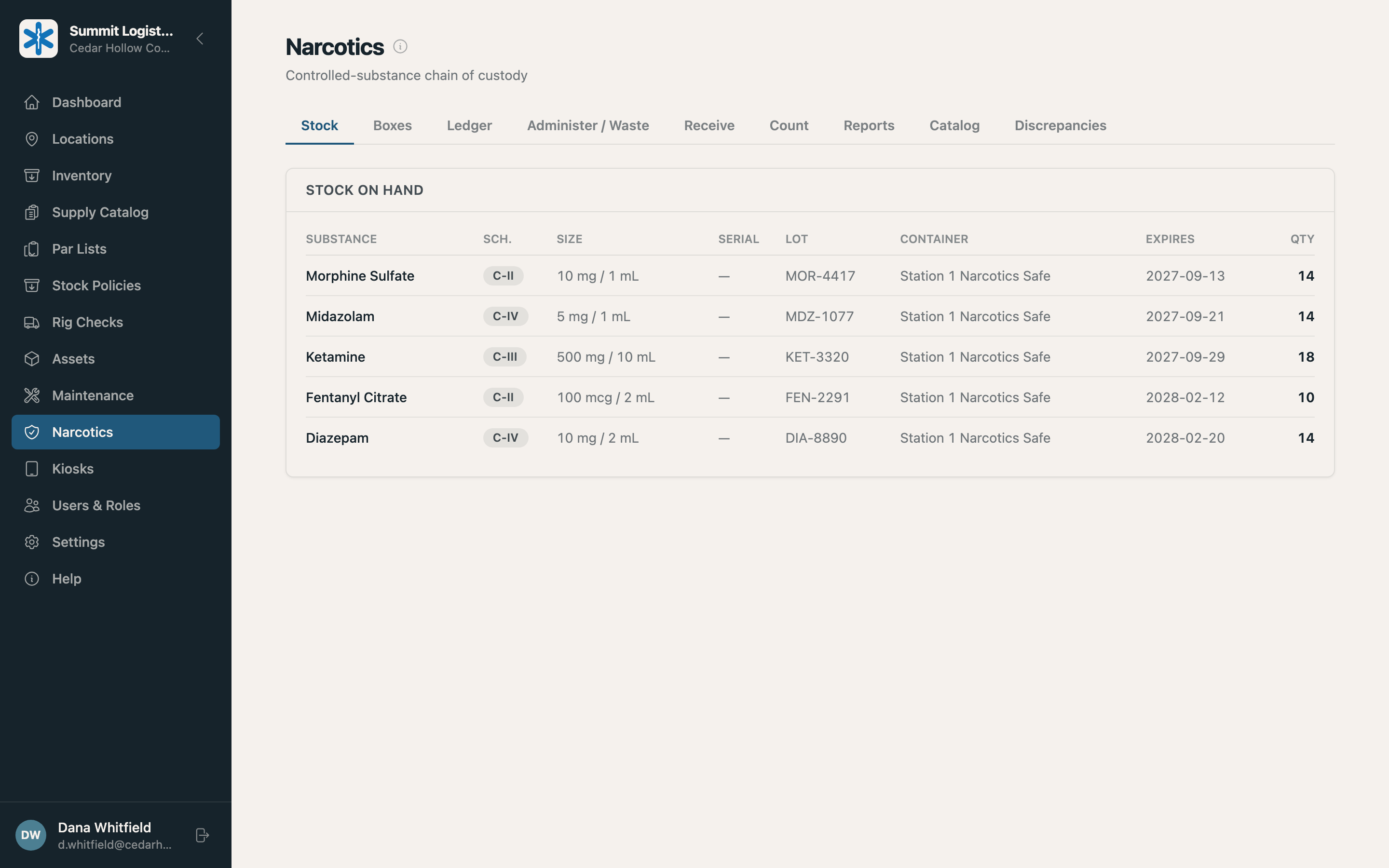 The Summit narcotics module showing controlled-substance inventory and event history.