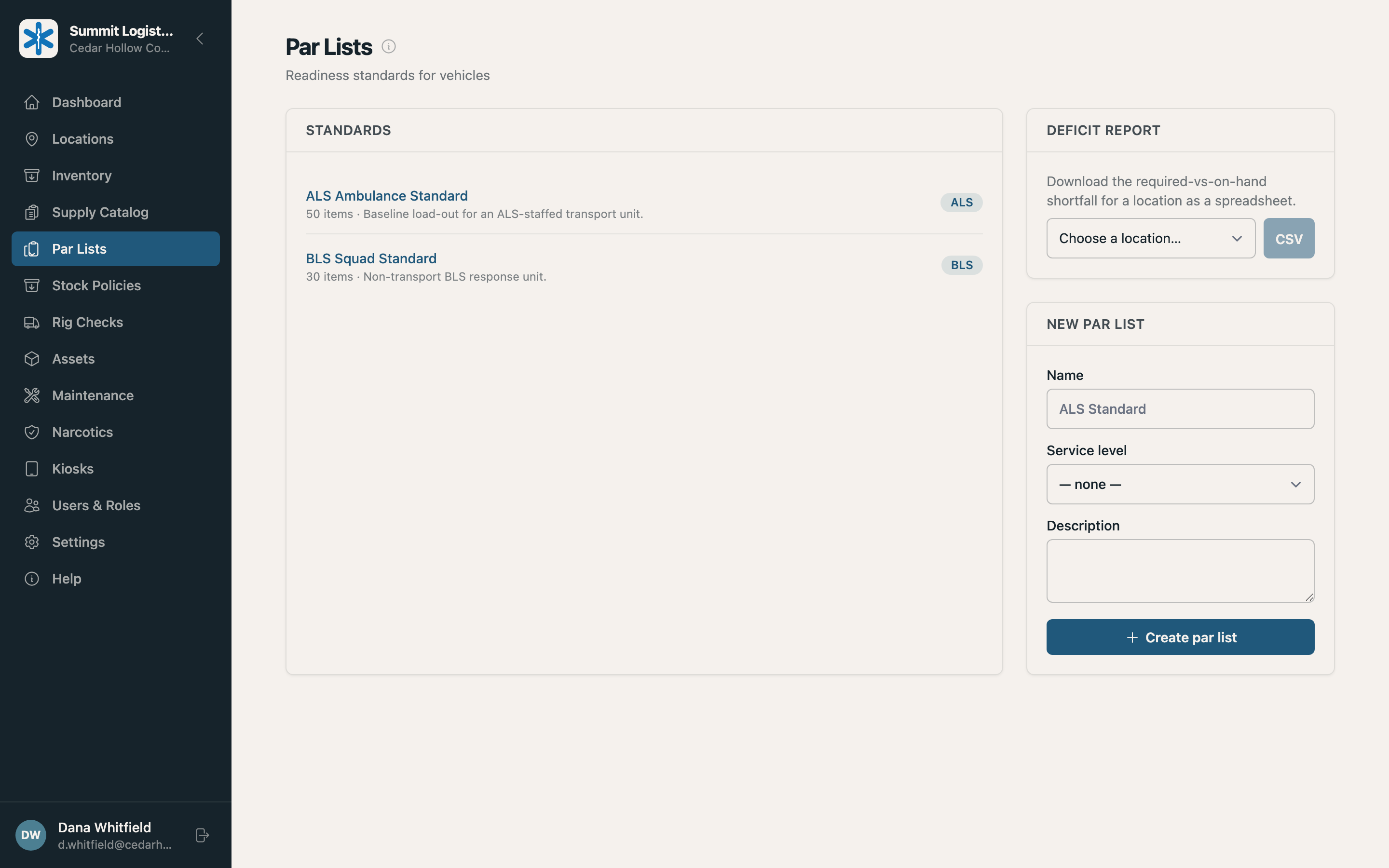 The Summit par lists page showing readiness standards for vehicles.