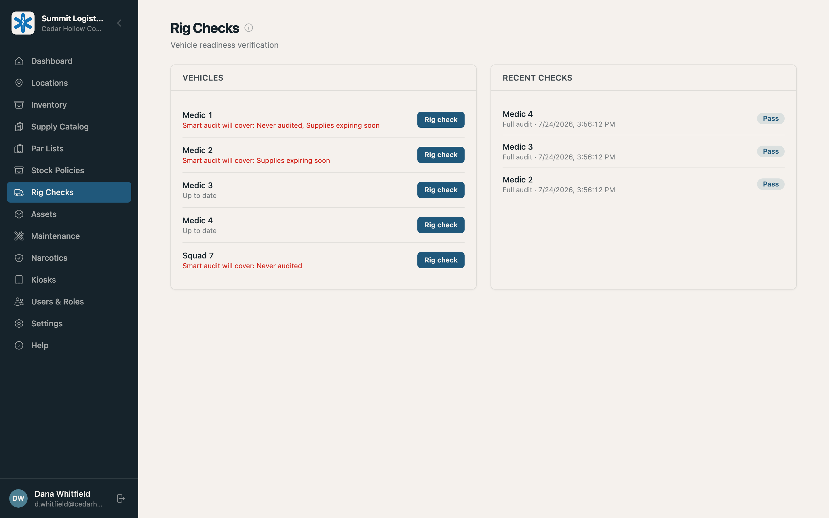 The Summit rig checks page listing vehicles with their readiness state.