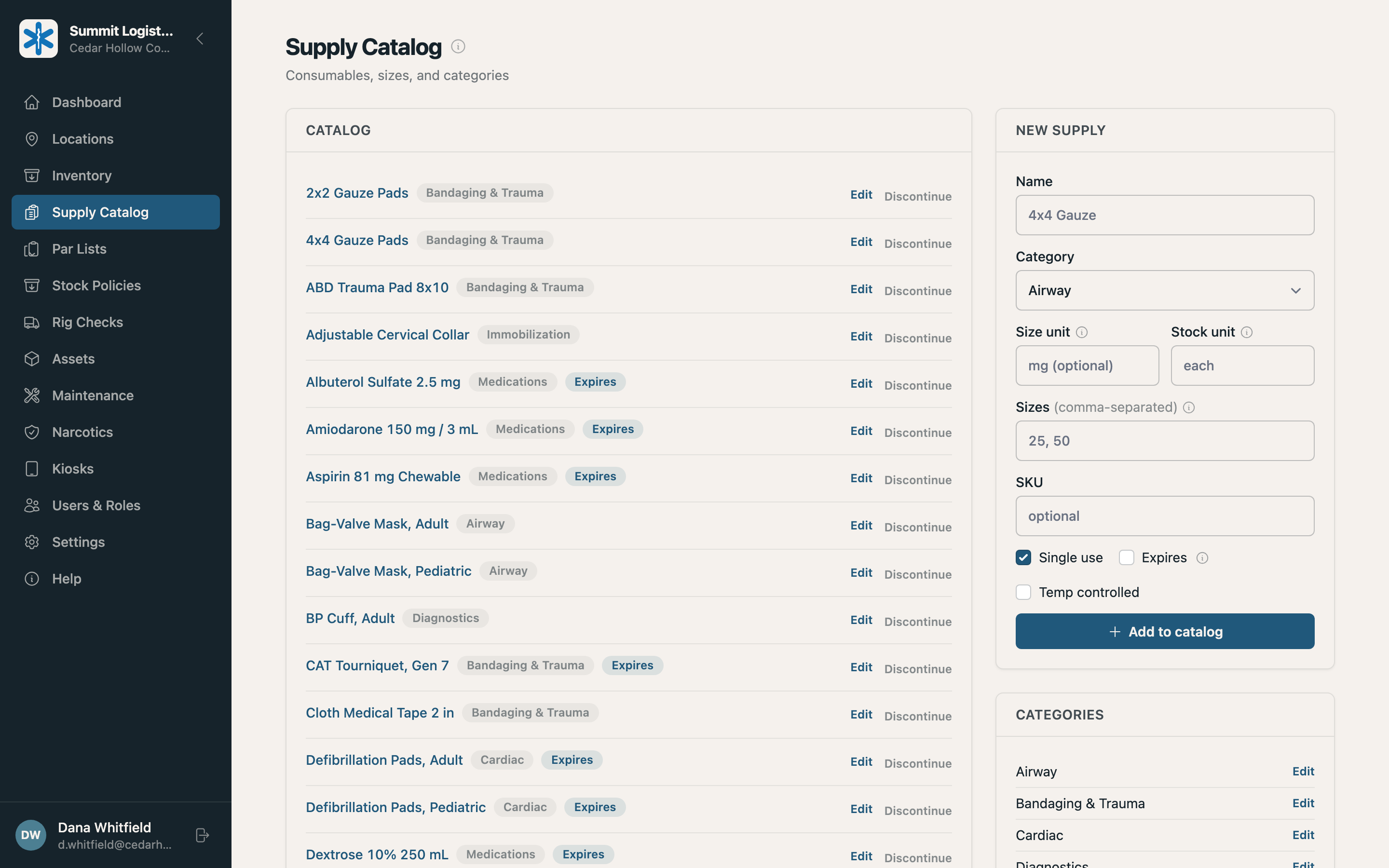 The Summit supply catalog listing consumables with categories and sizes.