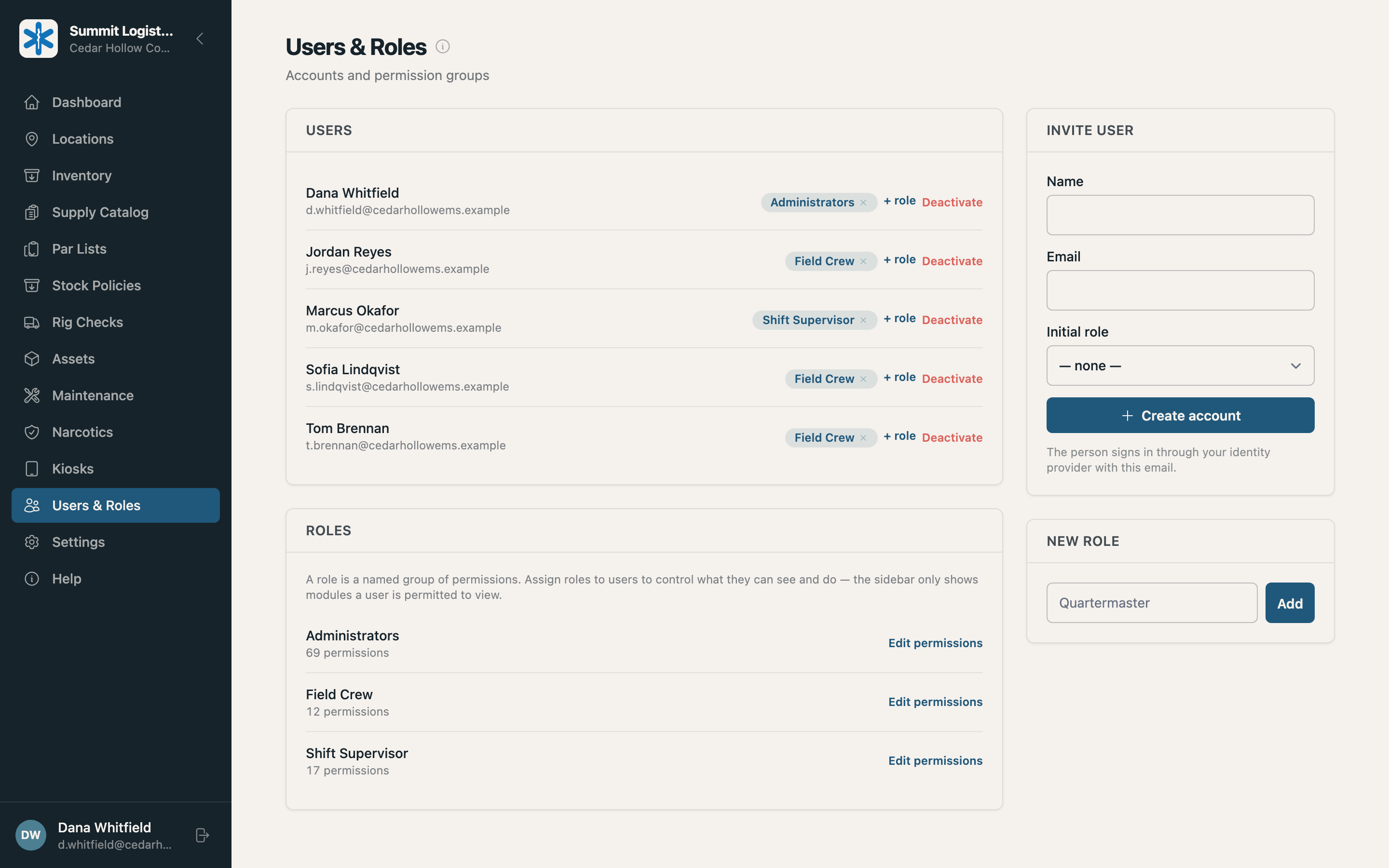 The Summit users and roles page showing accounts and permission groups.